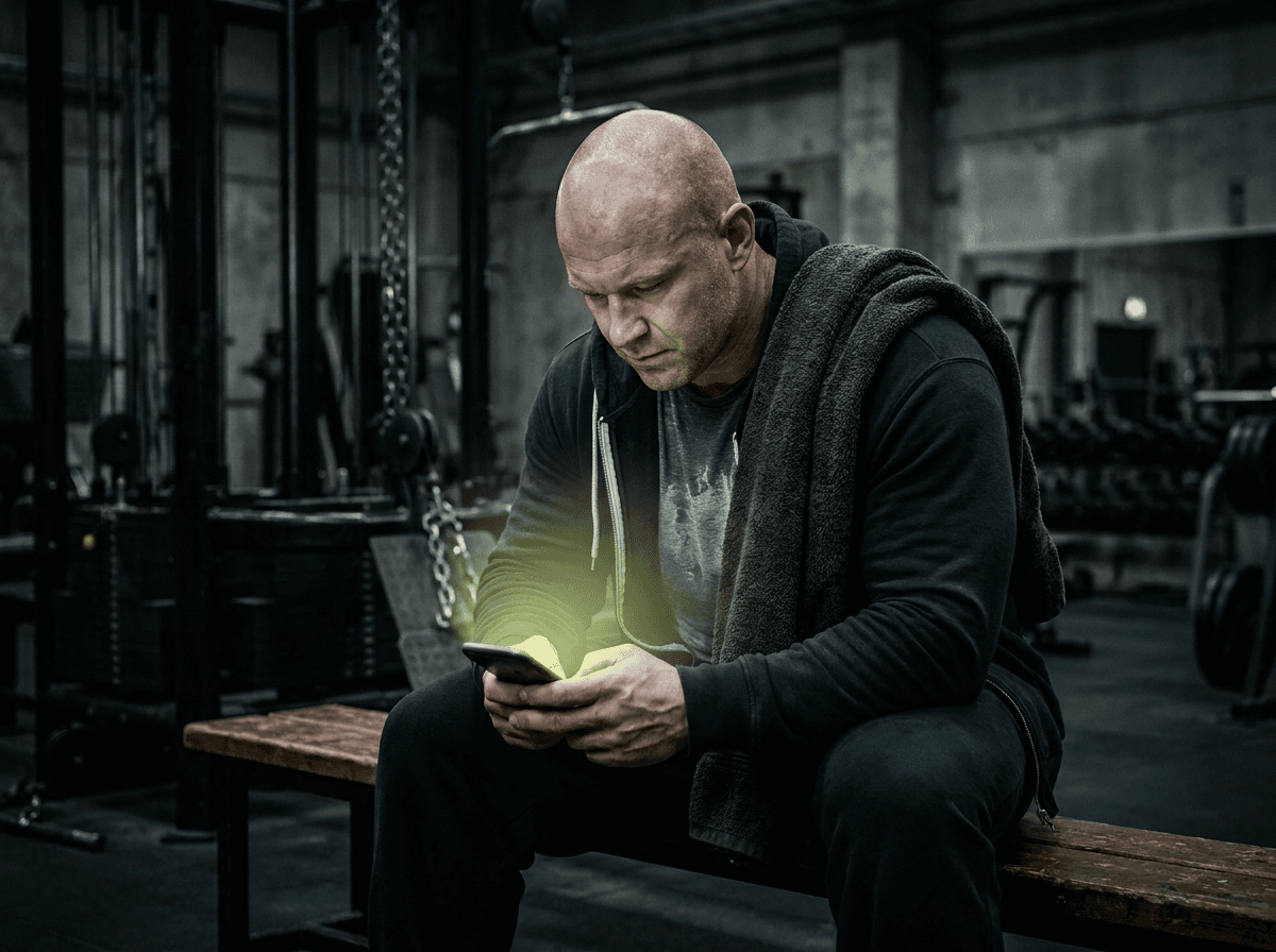 Athlete checking his AI coach on the phone between sets