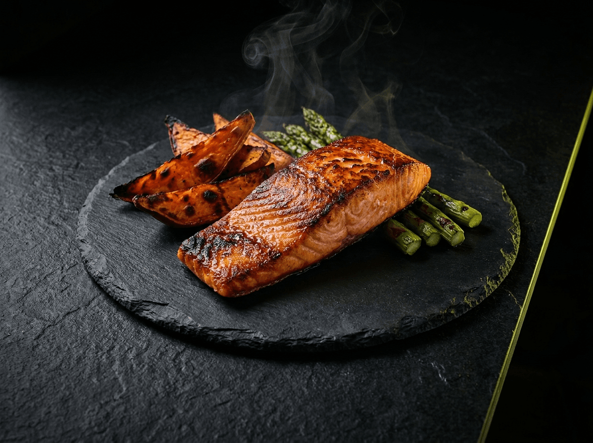 Seared salmon with sweet potato and asparagus