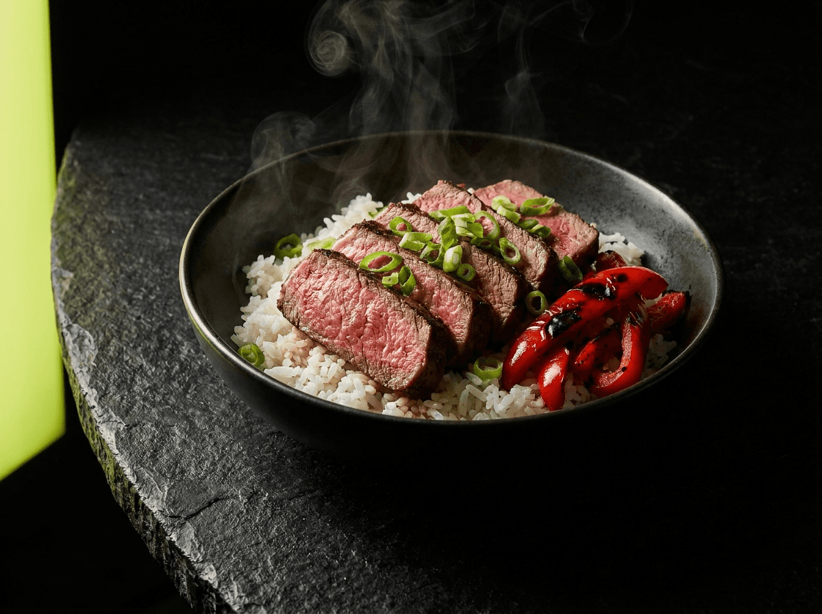 Steak and rice bowl with charred peppers
