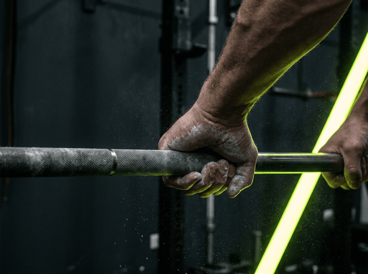 Chalked hands gripping a barbell