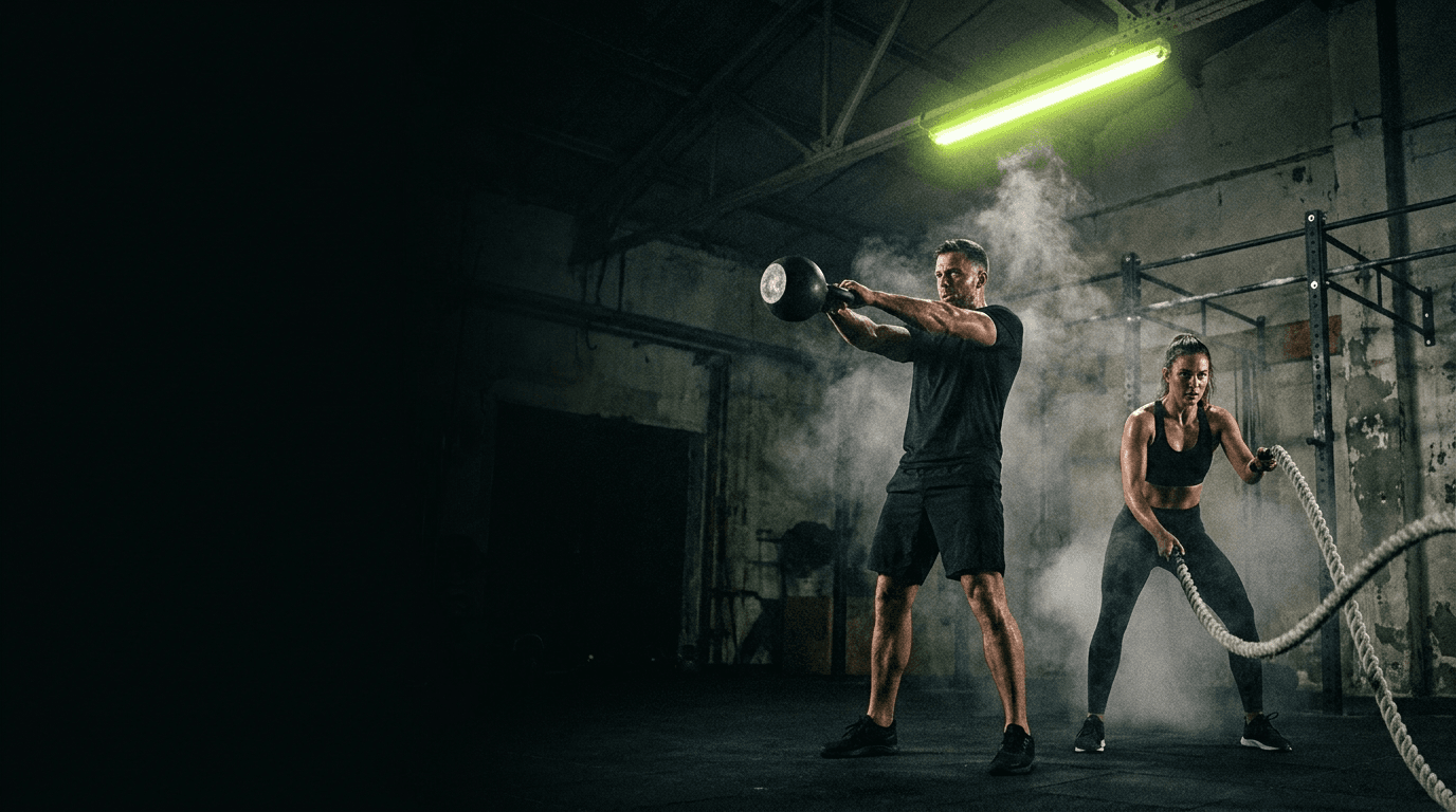 Couple training in a dark gym — kettlebell swings and battle ropes under a lime light